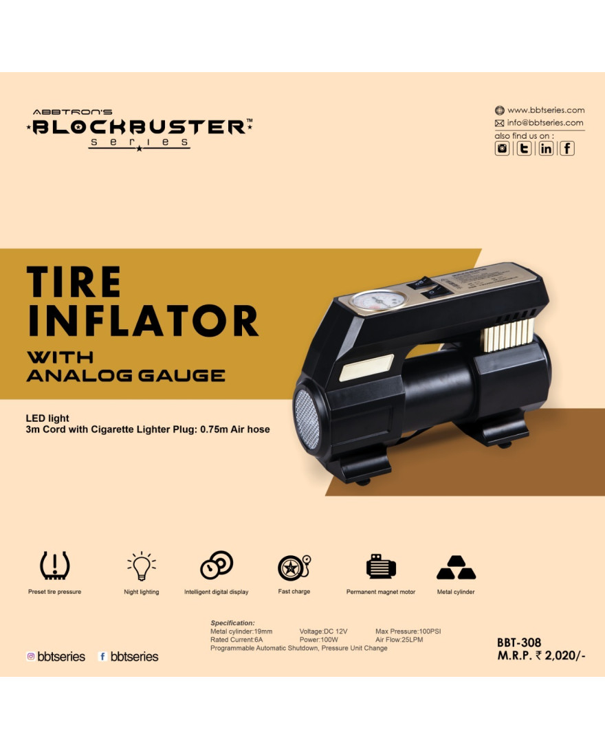 Blockbuster BBT 308 | Tire Inflator Metal and Plastic Body with Analog Gauge, Tyre Inflator, Universal for All Vehciles, High Power and Speed